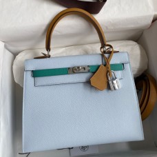 Hermes Kelly Sellier 25 Tricolor Bag in Blue/Green/Sesame Epsom Calfskin Hermes Kelly Sellier 25 Tricolor Bag in Blue/Green/Sesame Epsom Calfskin