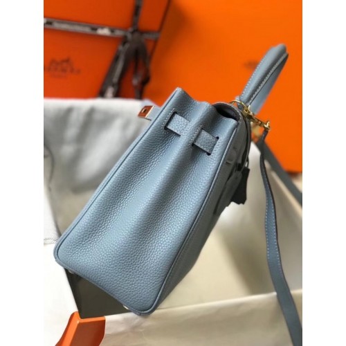 Hermes Blue Lin Clemence Kelly 25cm GHW Bag 