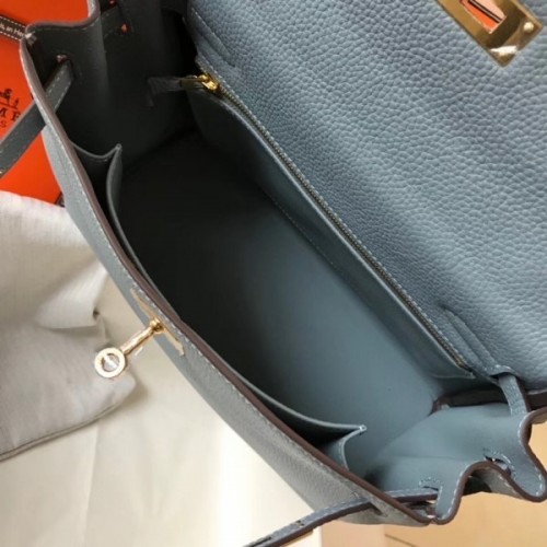 Hermes Blue Lin Clemence Kelly 25cm GHW Bag 