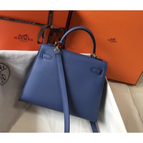 Replica Hermes Kelly 25cm Sellier Bag In Agate Blue Epsom Leather