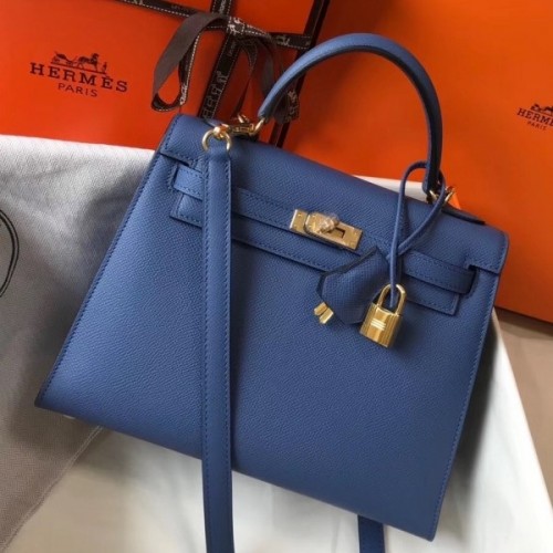 Replica Hermes Kelly Sellier 25 Bicolor Bag in Gris Agate and Blue Ostrich  Leather