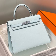 Hermes Kelly 28cm Bag In Blue Brume Epsom Leather PHW Hermes Kelly 28cm Bag In Blue Brume Epsom Leather PHW