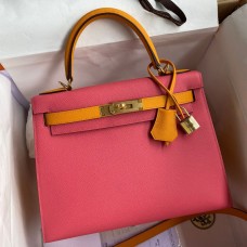 Hermes Kelly Sellier 28 Bicolor Bag in Rose Lipstick and Yellow Epsom Calfskin Hermes Kelly Sellier 28 Bicolor Bag in Rose Lipstick and Yellow Epsom Calfskin