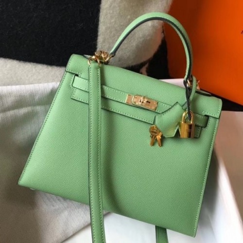 Hermes Kelly bag 28 Sellier Vert criquet Epsom leather Silver