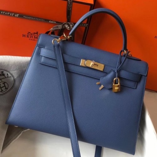 Replica Hermes Kelly 32cm Bag In Blue Agate Clemence Leather GHW