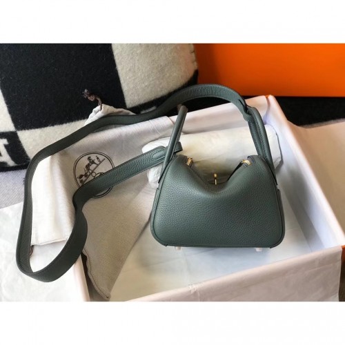 Hermes Mini Lindy Bag In Vert Amande Clemence Leather 