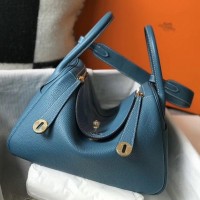 Hermes Blue Agate Clemence Lindy 30cm Bag with GHW Hermes Blue Agate Clemence Lindy 30cm Bag with GHW