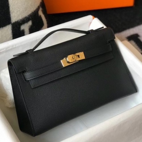Hermès Kelly Pochette Noir Black Box Leather with Gold Hardware