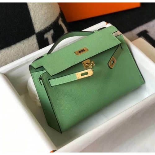 Replica Hermes Kelly Pochette Bag In Vert Criquet Epsom Leather