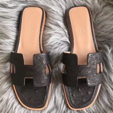 Hermes Oran Sandals In Black Ostrich Leather Hermes Oran Sandals In Black Ostrich Leather