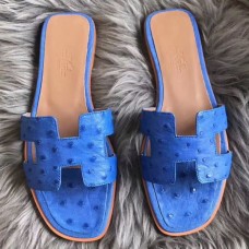 Hermes Oran Sandals In Blue Hydra Ostrich Leather Hermes Oran Sandals In Blue Hydra Ostrich Leather
