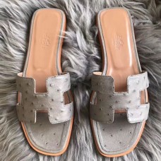 Hermes Oran Sandals In Grey Ostrich Leather Hermes Oran Sandals In Grey Ostrich Leather