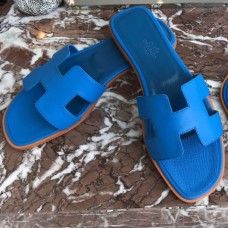 Hermes Oran Slide Sandals In Blue Hydra Epsom Calfskin Hermes Oran Slide Sandals In Blue Hydra Epsom Calfskin