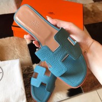 Hermes Oran Slide Sandals In Blue Jean Clemence Leather Hermes Oran Slide Sandals In Blue Jean Clemence Leather